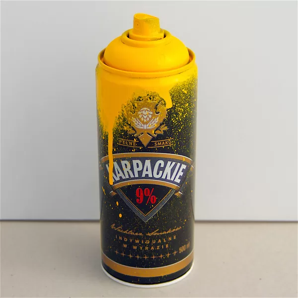 Pisshead (Acrylic on Can of Karpackie Lager, Over Montana Spray Paint 2021)